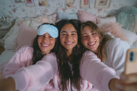 Group of three cheerful women in pink loungewear taking a selfie in a stylish bedroom, surrounded by soft pillows and decor, capturing a moment of joy and connectionの素材