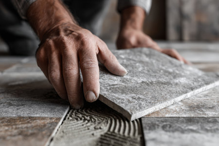 Craftsman is carefully laying a gray tile onto adhesive, demonstrating the meticulous process of flooring installation with textured surfaces and focused craftsmanshipの素材