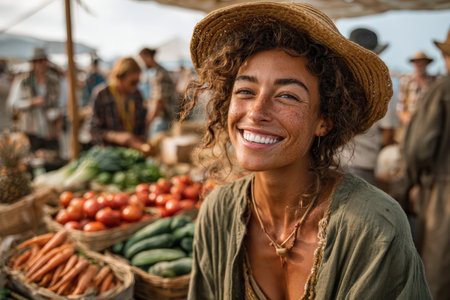 Joyful woman with curly hair, wearing a straw hat, is surrounded by colorful fruits and vegetables at a bustling outdoor market, reflecting community spirit and nature's bountyの素材