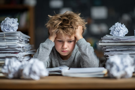 Frustrated young boy is seated at a messy desk filled with crumpled papers, struggling to focus on homework, capturing the essence of academic pressureの素材