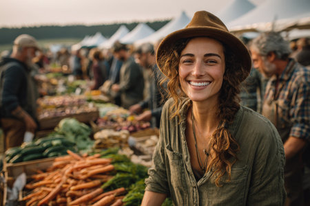 Happy woman with curly hair in brown hat at farmers market, surrounded by colorful vegetables and lively shoppers, promoting local produce and community engagementの素材