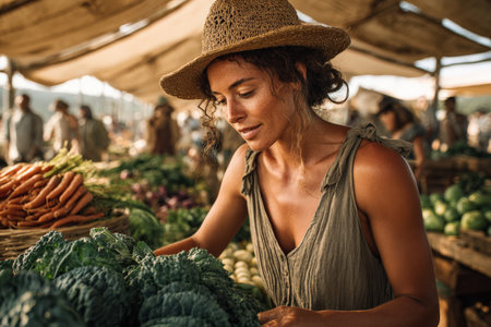 Female shopper with curly hair is choosing fresh vegetables at an outdoor market, surrounded by vibrant produce and lively atmosphere, highlighting community engagementの素材