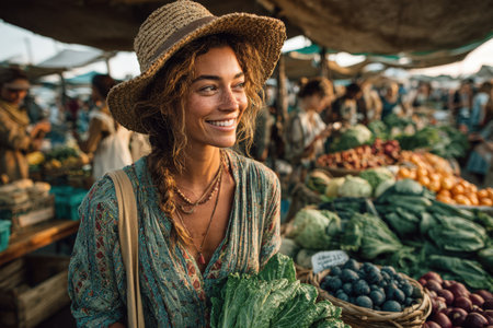 Cheerful woman with curly hair in straw hat holds fresh greens at lively outdoor market, surrounded by colorful fruits and vegetables, capturing the essence of community and healthy livingの素材