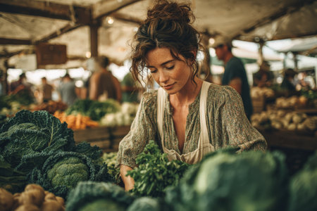 Female vendor is carefully choosing vegetables at a bustling market, with an array of fresh produce and a warm, inviting ambiance creating a lively sceneの素材