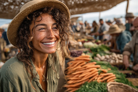 Happy woman with curly hair in a straw hat enjoys her time at a bustling market filled with colorful vegetables and friendly vendors, capturing the essence of communityの素材