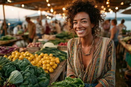 Smiling female vendor holds fresh greens at a bustling outdoor market, surrounded by a variety of colorful fruits and vegetables, creating a lively sceneの素材