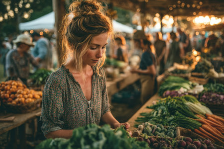 Female shopper is carefully choosing vegetables at a lively farmers market, with an array of fresh produce and a warm atmosphere, promoting healthy eating choicesの素材