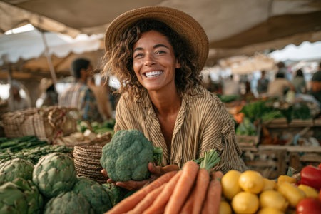 Happy woman with curly hair in a straw hat holds broccoli surrounded by colorful vegetables at a lively market, promoting healthy eating and community spiritの素材