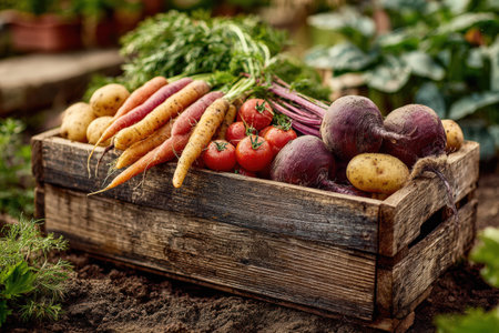 A variety of freshly harvested vegetables displayed in a wooden crate, featuring colorful carrots, tomatoes, and potatoes, surrounded by lush greenery in a garden environmentの素材