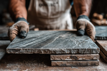 Craftsman in gloves is placing a stone slab on a stack, highlighting the texture and quality of materials in a well-lit workshop, emphasizing skilled laborの素材