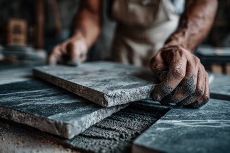 Artisan is arranging stone slabs on a workbench, highlighting craftsmanship and dedication in a workshop filled with natural materials and tools for stoneworkの素材