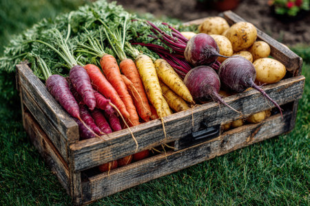 Freshly harvested vegetables including colorful carrots, beets, and potatoes arranged in a wooden crate on green grass, highlighting organic farming and natural beautyの素材