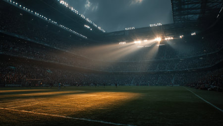 Vibrant stadium scene showcasing bright floodlights over a lush green field, with an engaged crowd in the background, creating an electrifying sports event ambianceの素材