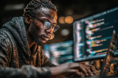 Focused African American male programmer is working on laptop in contemporary workspace, surrounded by screens showcasing code and digital data, highlighting tech expertiseの素材
