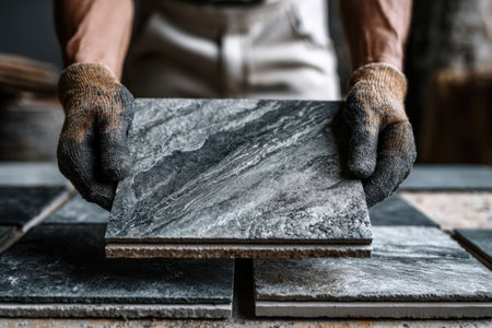 Worker in gloves is presenting a stone tile above a collection of tiles, highlighting the intricate textures and materials in a well-lit workshop settingの素材