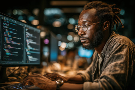 Male software developer is intensely coding at a computer in a contemporary workspace, surrounded by soft lighting and technology, highlighting his commitment to programmingの素材