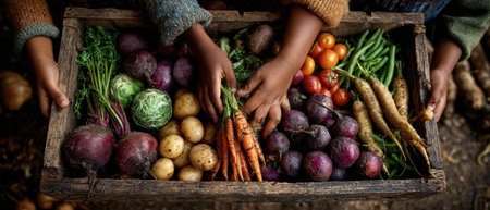 Childrens hands grasp a wooden crate brimming with vibrant vegetables, highlighting the richness of nature and the excitement of gathering fresh produceの素材