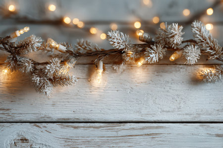 Frosted pine garland with warm lights is beautifully arranged on a rustic wooden surface, enhancing the cozy ambiance of holiday decorations and celebrationsの素材