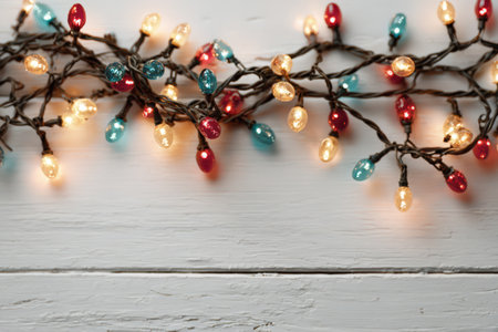 Vibrant string lights featuring red, blue, and yellow bulbs are artistically draped on a weathered white wooden surface, enhancing a cheerful ambiance for festive occasionsの素材