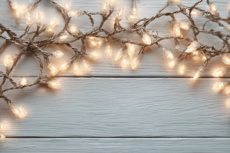 Warm glowing string lights are beautifully arranged on a rustic wooden surface, enhancing the ambiance and creating a cozy atmosphere for celebrationsの素材