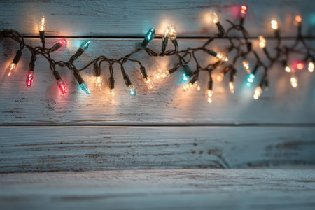 Brightly lit string lights adorn a weathered wooden surface, enhancing the ambiance with vibrant colors, ideal for holiday decorations and cheerful eventsの素材