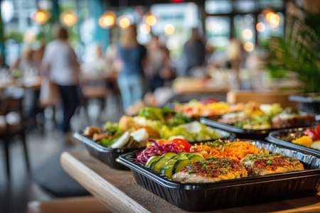 Gourmet dishes displayed in black containers on wooden table, with vibrant ingredients and blurred restaurant atmosphere, inviting diners to enjoy delicious mealsの素材