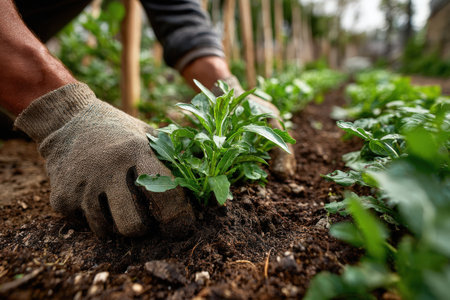 Gardener in gloves is planting seedlings into fertile soil, surrounded by lush green plants, highlighting the beauty of nature and the art of cultivationの素材