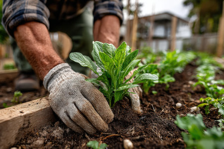 Male gardener is planting seedlings in rich soil, surrounded by vibrant green plants, demonstrating the care and dedication involved in cultivating a thriving gardenの素材