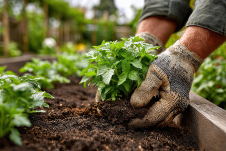 Gardener's hands in gloves are planting green herbs into dark soil in a lively garden bed, emphasizing the beauty of nature and the joy of gardeningの素材