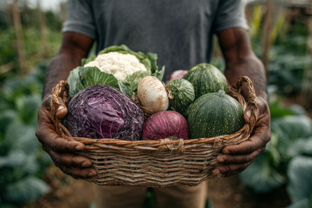 Male gardener proudly displays a basket of assorted fresh vegetables, including cabbage and zucchini, in a thriving garden filled with greenery and natural beautyの素材