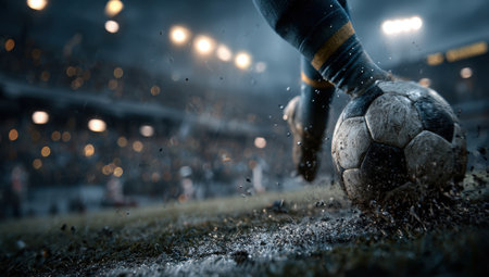 Soccer player kicks a muddy ball on a vibrant field, with blurred stadium lights and enthusiastic crowd in the background, showcasing the excitement of the sportの素材