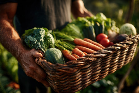 Male gardener carries a basket brimming with fresh vegetables like carrots and greens, highlighting the beauty of organic gardening and sustainable livingの素材