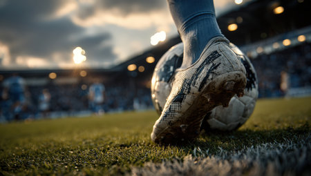 Soccer player's foot in cleats is positioned near ball on grassy field during match, with blurred crowd and stadium lights creating an energetic sports environmentの素材