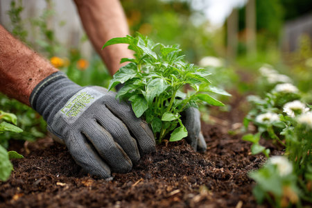 Gardener's hands in gray gloves are planting a young tomato seedling into dark soil, surrounded by flourishing plants and flowers, illustrating the beauty of gardeningの素材