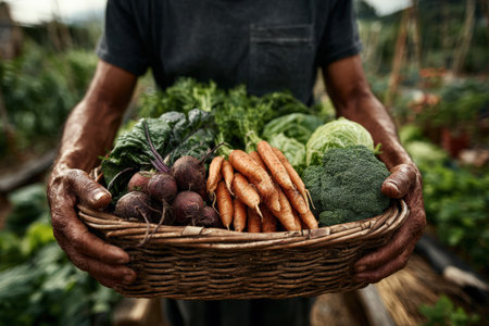 African American man presents a basket brimming with fresh vegetables in a lush garden, highlighting the beauty of organic produce and sustainable agricultureの素材