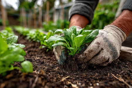 Gardener's hands in gloves are carefully planting seedlings into dark soil in a lush garden, highlighting the nurturing and growth of fresh vegetables and herbsの素材