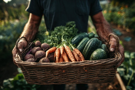 Farmer's hands present a basket brimming with vibrant vegetables like carrots, cucumbers, and beets, highlighting the richness of organic gardening and sustainable practicesの素材