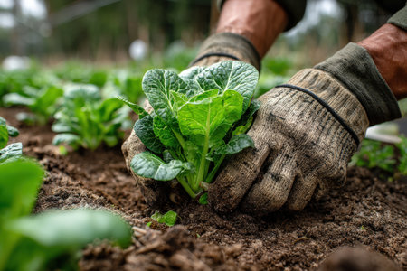 Farmer's hands in gloves are planting vibrant lettuce seedlings into fertile soil, highlighting the connection between nature and sustainable agricultural practicesの素材
