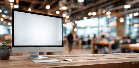 Desktop computer with empty screen sits on wooden table in modern workspace, surrounded by blurred office activity and warm lighting, creating a productive ambianceの素材
