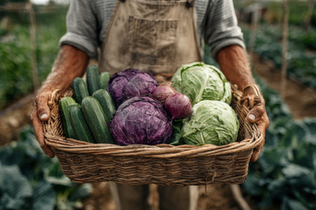 Person displays a basket brimming with vibrant vegetables like zucchini and cabbage in a flourishing garden, highlighting the essence of farm-to-table freshnessの素材