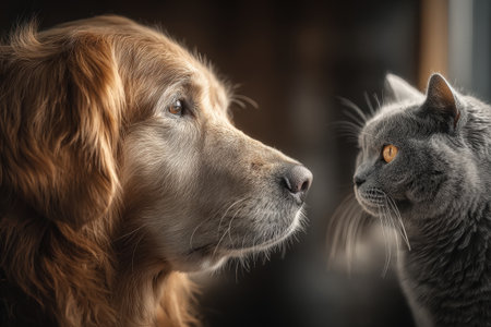 Golden retriever and gray cat are looking at each other with curiosity, highlighting their unique bond and interaction in a warm, inviting indoor environmentの素材