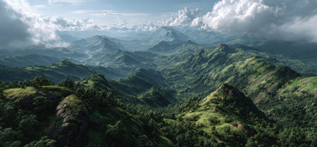 Expansive green mountains rise majestically under a cloudy sky, creating a serene atmosphere that highlights the natural beauty of the landscape and its tranquilityの素材