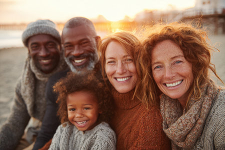 Diverse group of adults and a child, enjoying time together on a beach at sunset, radiating happiness and togetherness in a serene environmentの素材
