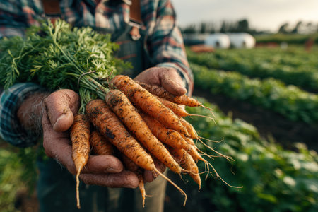 Individual displays freshly harvested carrots with green tops in hands, set against a lush field, highlighting the importance of organic farming and healthy food choicesの素材