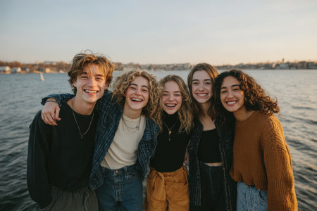 Five young individuals are gathered by the water, laughing and enjoying each other's company, capturing the essence of friendship and happiness in a beautiful outdoor environmentの素材