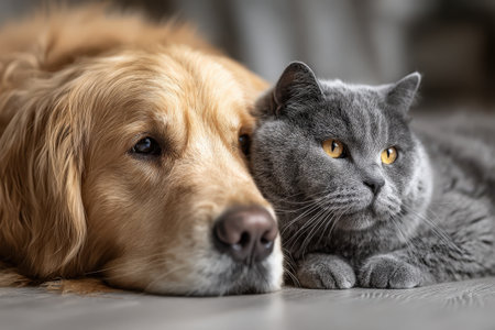 Golden retriever and gray British shorthair cat are peacefully resting side by side on a soft surface, highlighting their bond and tranquility in a warm settingの素材