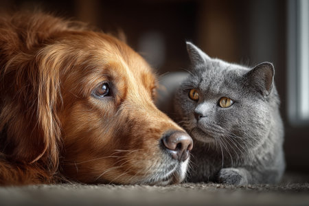 Golden retriever and gray cat are resting side by side on a plush rug, highlighting their bond and tranquility in a warm, inviting indoor atmosphereの素材