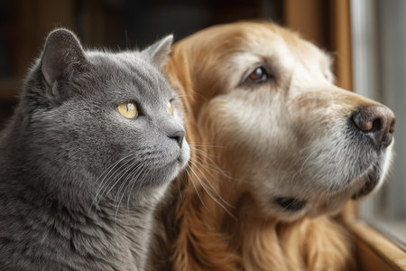 Gray feline and golden canine are peacefully observing the outdoors from a window, highlighting their bond and the serene atmosphere of the homeの素材
