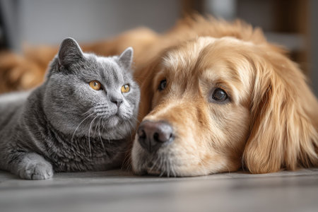 A gray feline and a golden canine are resting side by side on a comfortable floor, highlighting their bond and peaceful coexistence in a warm atmosphereの素材