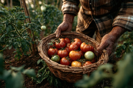 Farmer's hands grasp a basket brimming with fresh tomatoes, nestled among thriving plants in a garden, highlighting the beauty of agricultural work and nature's bountyの素材